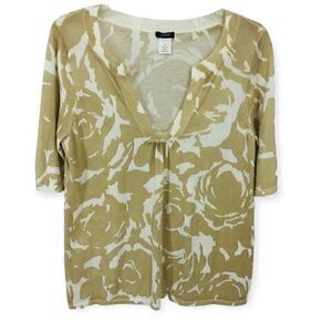 J. Crew Sz M Beige Gold Roses V-Neck Cotton Short Sleeve Sweater